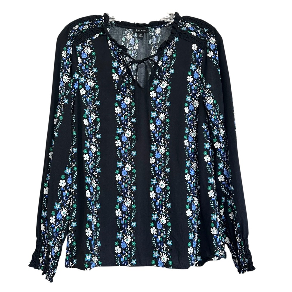 Talbots Womens Sz XS Top Black Ditsy Floral Stiped Ruffle Neck LS Blouse‎ Casual